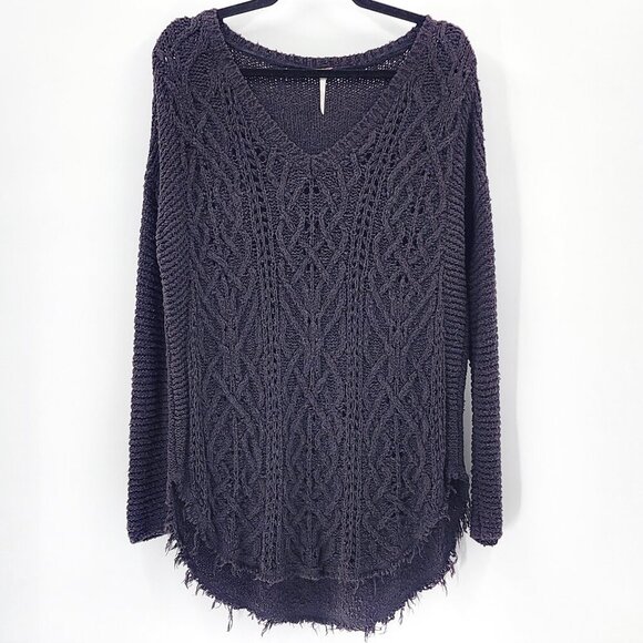 FREE PEOPLE Cross My Heart Cable Knit V-Neck Raw Hem Pullover Sweater - Picture 2 of 4